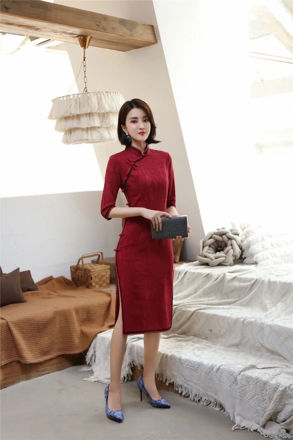 Шанхай история Половина рукава по колено cheongsam платье хлопок лен Винтаж Ципао китайское платье китайский стиль платье для женщин