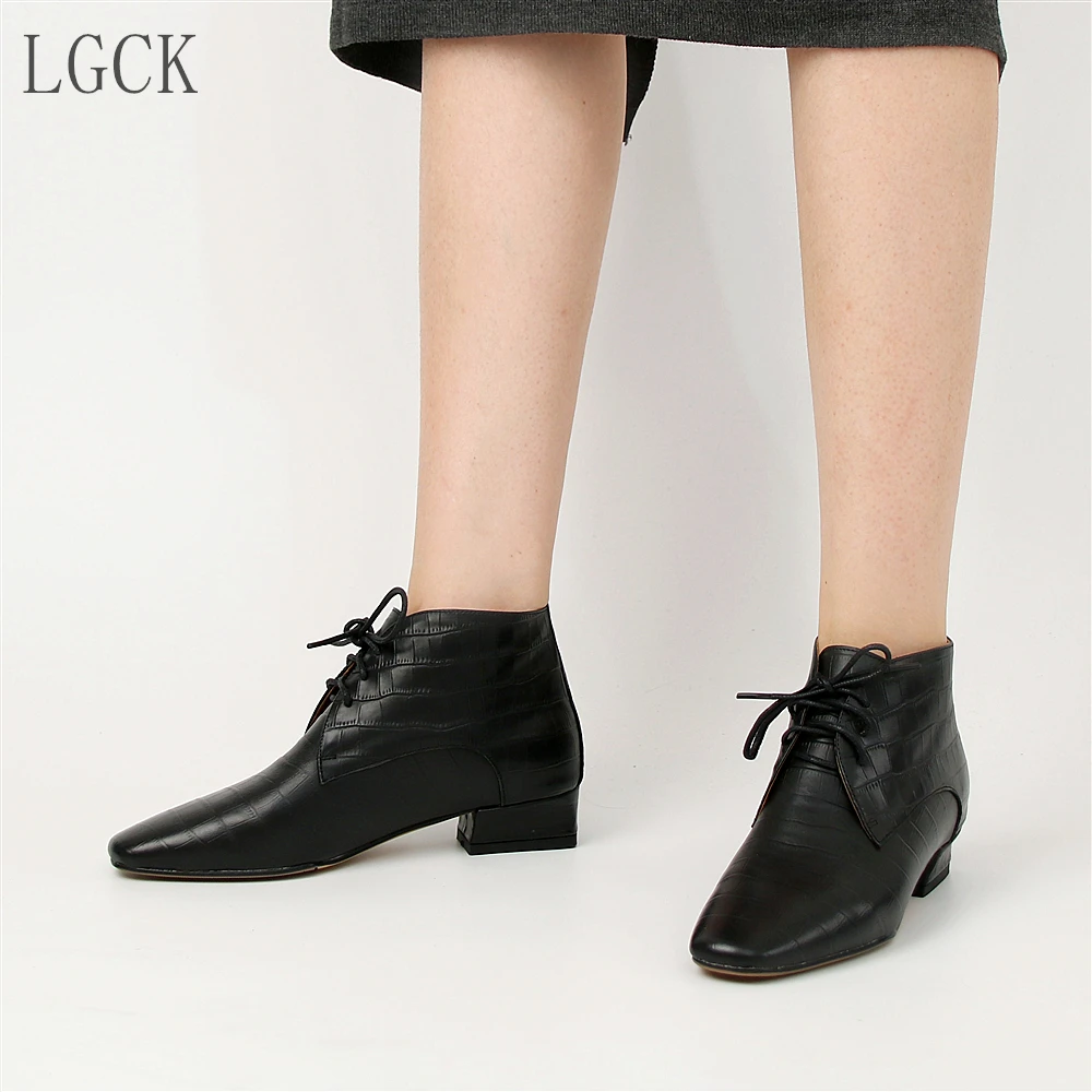 Murah Ukuran 34-43 Kulit Asli Wanita Sepatu Renda-Up Fashion Sepatu Kasual Timbul Kulit Rendah Sepatu Hak Tinggi ANKLE BOOT Zapatos Mujer