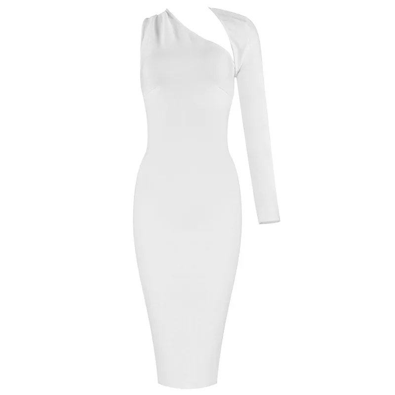 

Black one shoulder one piece dress with sleeveless open personalized elastic slim fitting evening dress