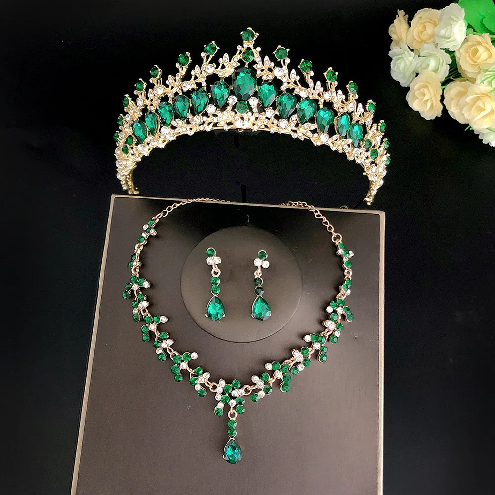 Baroque Gold Color Green Crystal Bridal Jewelry Sets Women Rhinestone Tiaras Crowns Earrings Necklace Wedding Dubai Jewelry Set