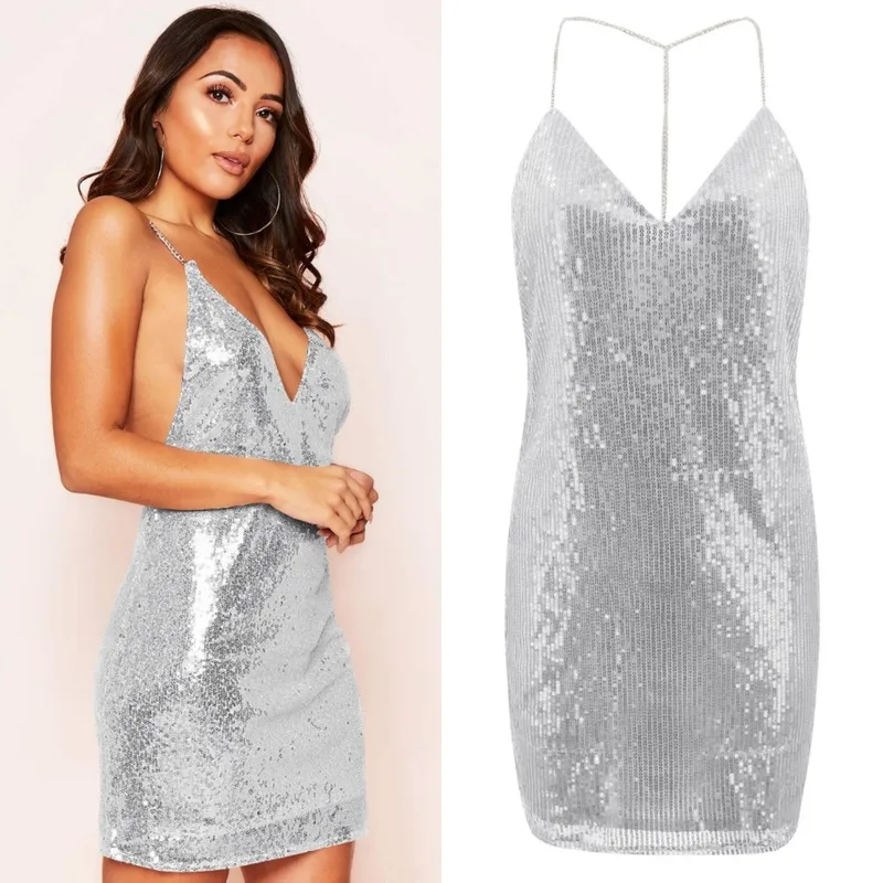 

2020 Hot Sequin Suspender Dress Sexy Backless Dresses Summer Mini Dress Solid Color Off Shoulder Party Dress Vestidos De Mujer