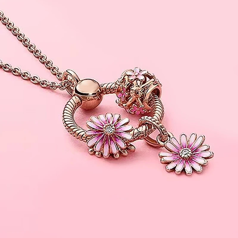 

2020 new 100% 925 Sterling Silver 1:1 spring pink girl heart piercing Daisy series letter O pendant pandoradora necklace lady