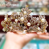 niushuya baroque bronze gold crystal bridal tiara rhinestone diadem pageant crown for brides headband wedding hair accessori