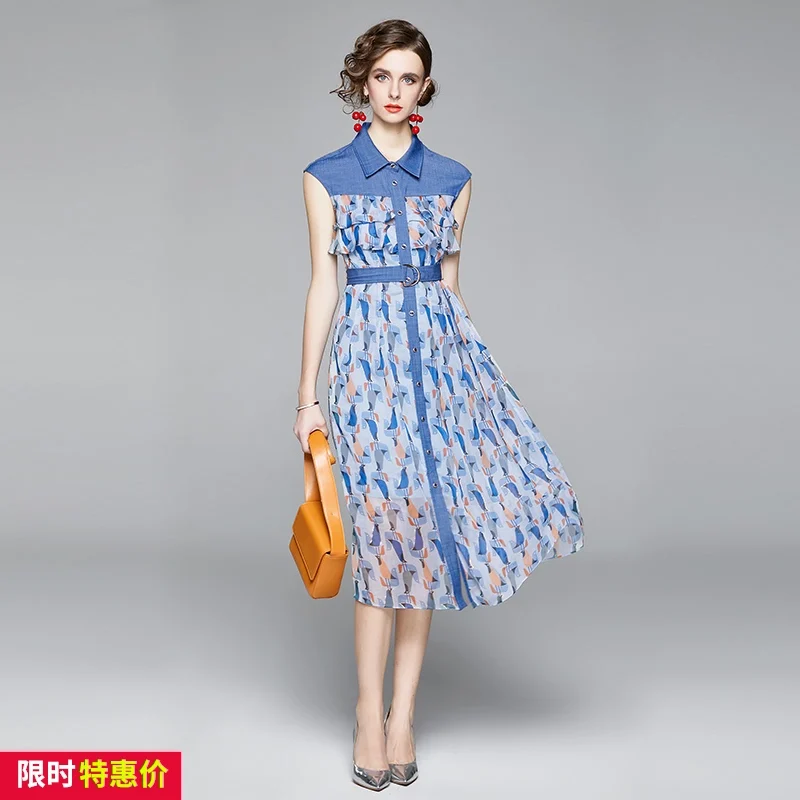 

Denim stitched bird print dress women's summer 2021 new lapel short-sleeved waist long skirt