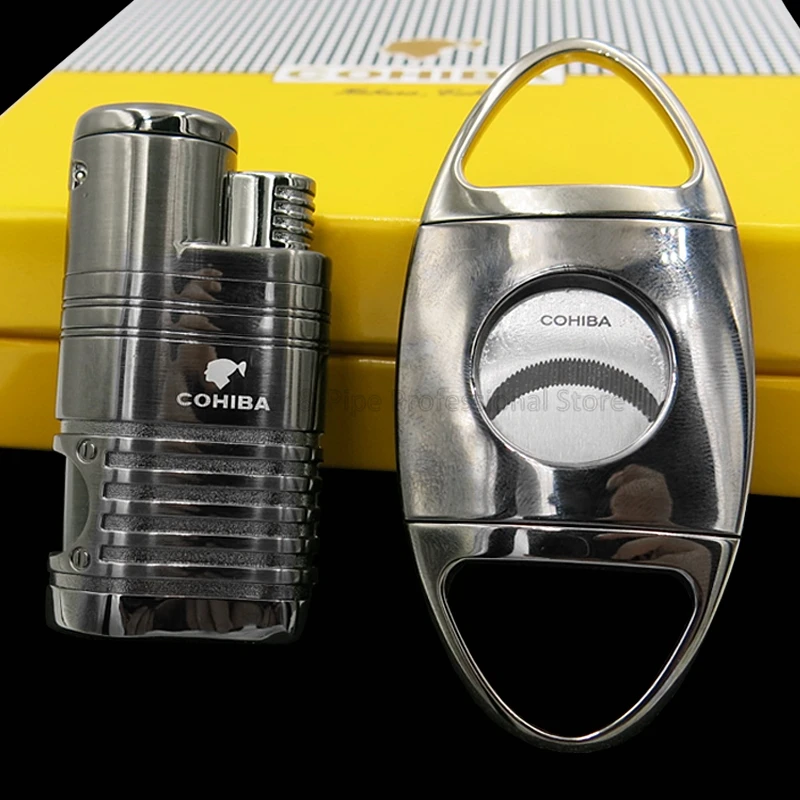 

COHIBA Refillable Gas Cigar Lighter 4 Jet Flame Torch With Bulit-in Punch Dual Blades Metal Cigar Cutter Smoking