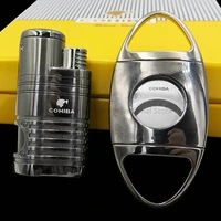 cohiba refillable gas cigar lighter 4 jet flame torch with bulit in punch dual blades metal cigar cutter smoking