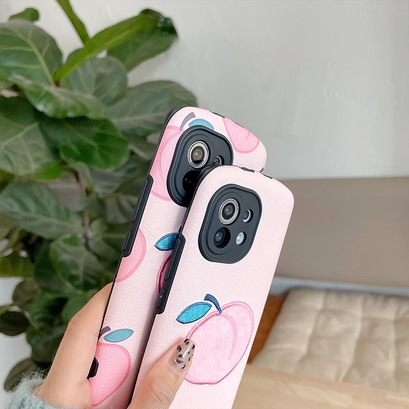 

Peach Lambskin phone case For iPhone 12 11 pro Max x xs Max XR 7 8 Plus embroidery ins Protection cover for Xiaomi 11 HUAWEI p40