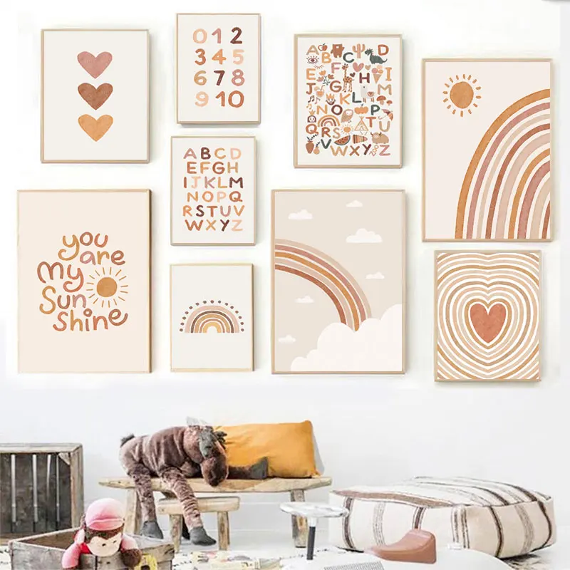 

Nursery Wall Posters Sun Rainbow Canvas Painting Alphabet Print Number Poster Nordic Wall Art Pictures for Kids Room Decoration