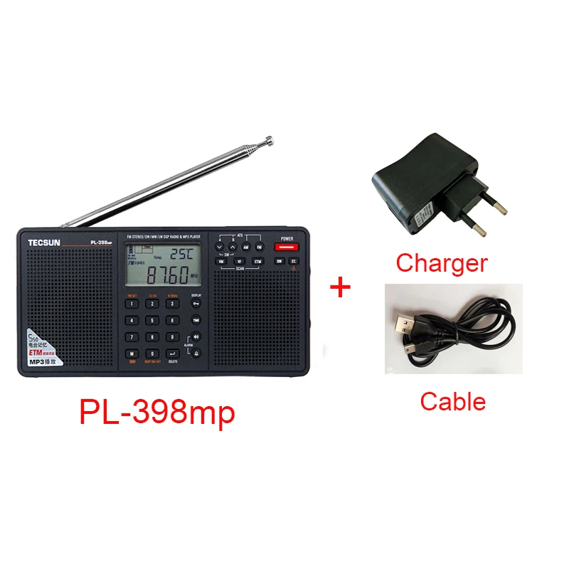 398mp and charger Tecsun PL-398MP FM AM SW радио 2,2 ''полный диапазон цифровой тюнинг стерео FM/AM/SW радио приемник MP3 плеер - Цвет: 398mp and charger