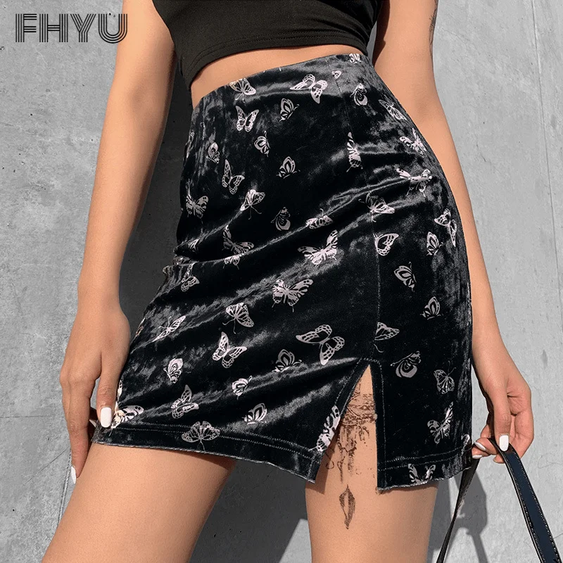 

FHYU Summer Gothic Style Butterfly Print Sexy Skirt Women Fashion Street Trend Ins Split Fork Short Skirt Female S~L 92475P