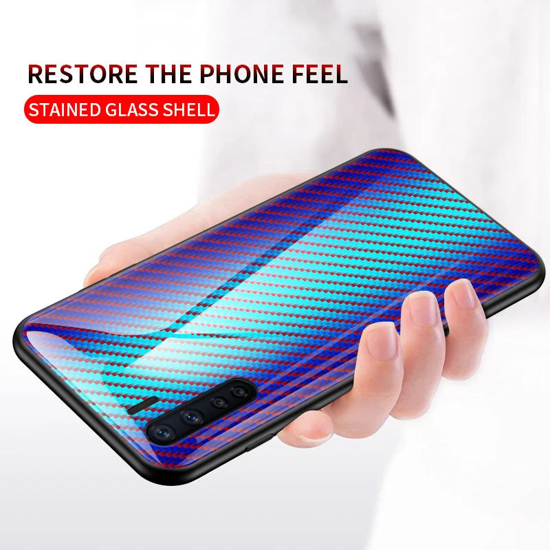 Carbon fiber texture Case For OPPO F15 Luxury Glass Soft TPU Frame Phone Cover A91 |