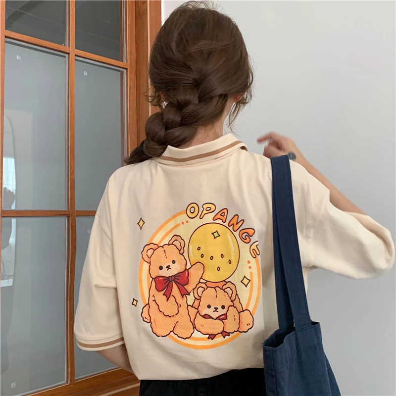 Японская рубашка поло в гонконгском стиле футболка с коротким рукавом и медведем