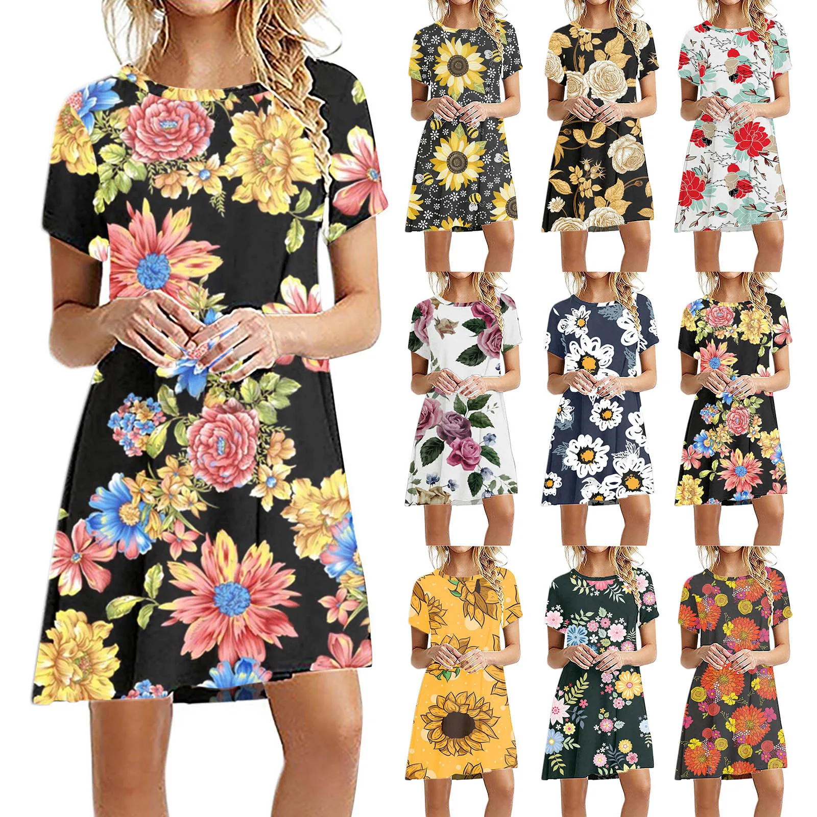 

40# Floral Printed Casual Dress O-neck Short Sleeve Vintage Dresses For Women 2021 Office Lady Elegant Summer Dress Vestidos