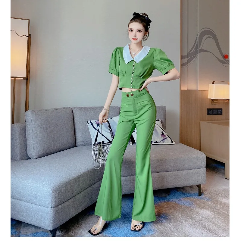 Женский костюм из двух предметов ярко зеленый однобортный Топ с контрастными