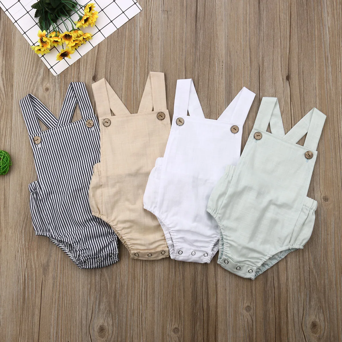 

2020 Summer Newborn Baby Boy/Girl Clothes Sleeveless Strap Button Solid Color/Striped Romper Jumpsuti Outfits Sunsuit Clothes
