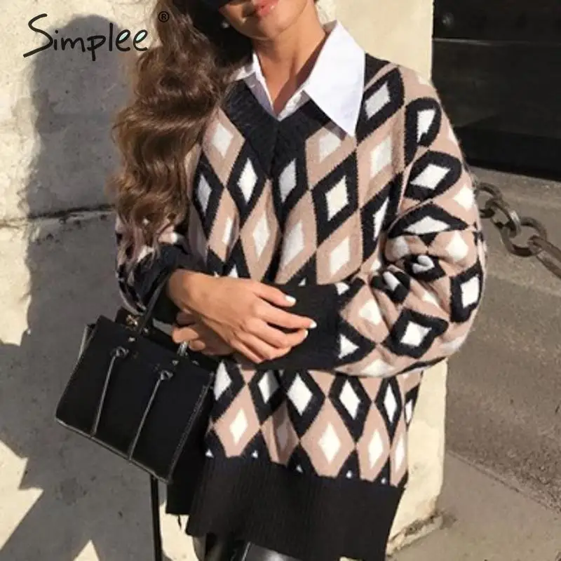 Simplee клетчатый женский свитер с v-образным вырезом пуловер на осень и зиму вязаный