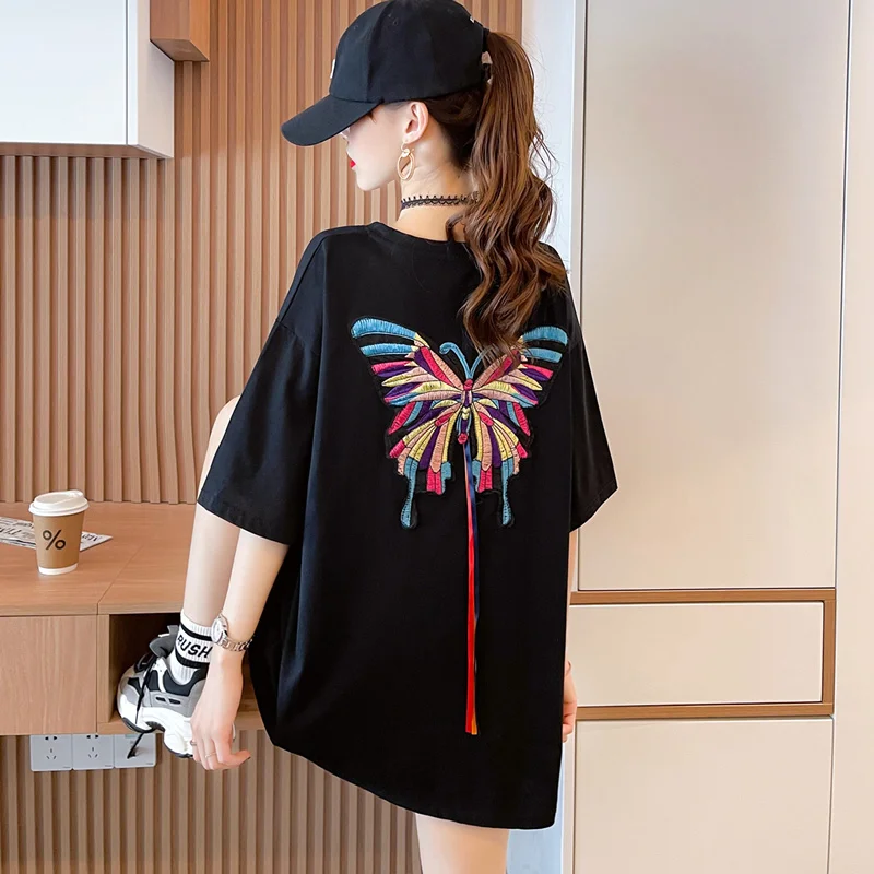 Купи #4251 Black White Yellow Orange Short Sleeve T Shirt Women Cotton Sexy Embroidery Butterfly Women T Shirt Loose O Neck Summer за 767 рублей в магазине AliExpress