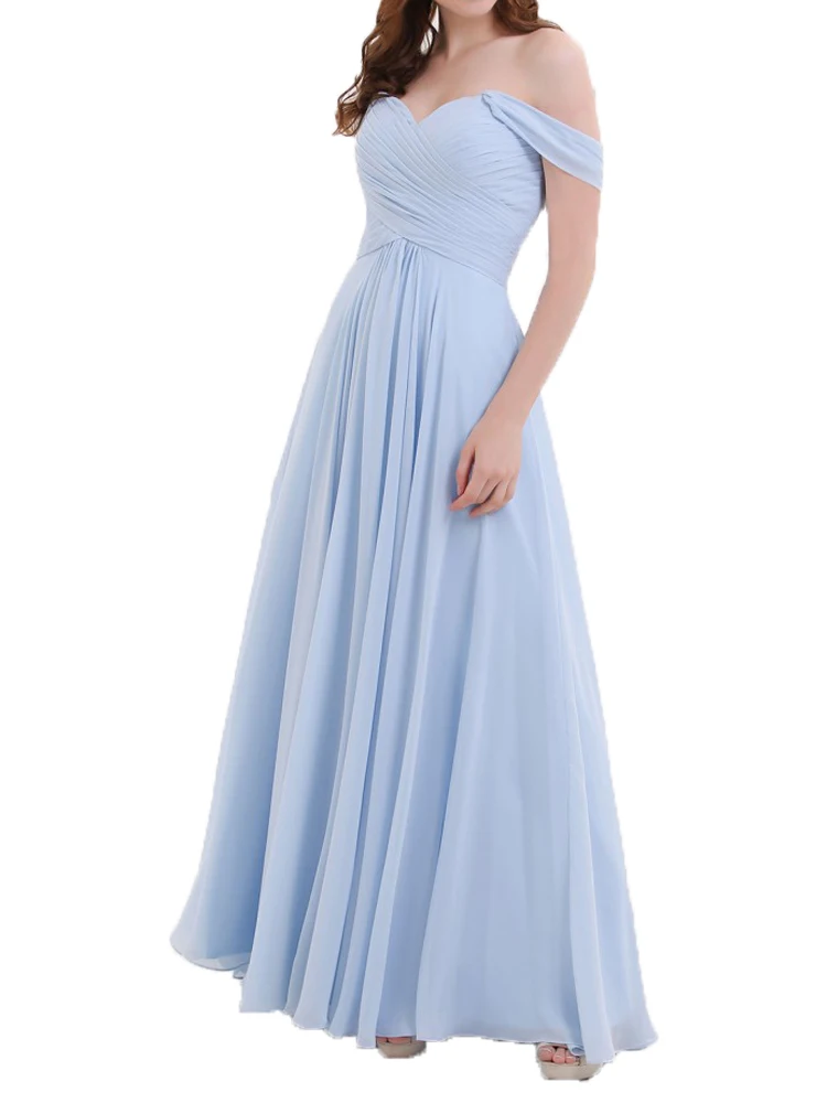 

Светло-голубое шифоновое платье подружки невесты, длинное плиссированное платье с открытыми плечами, женское платье для свадебной вечерин...