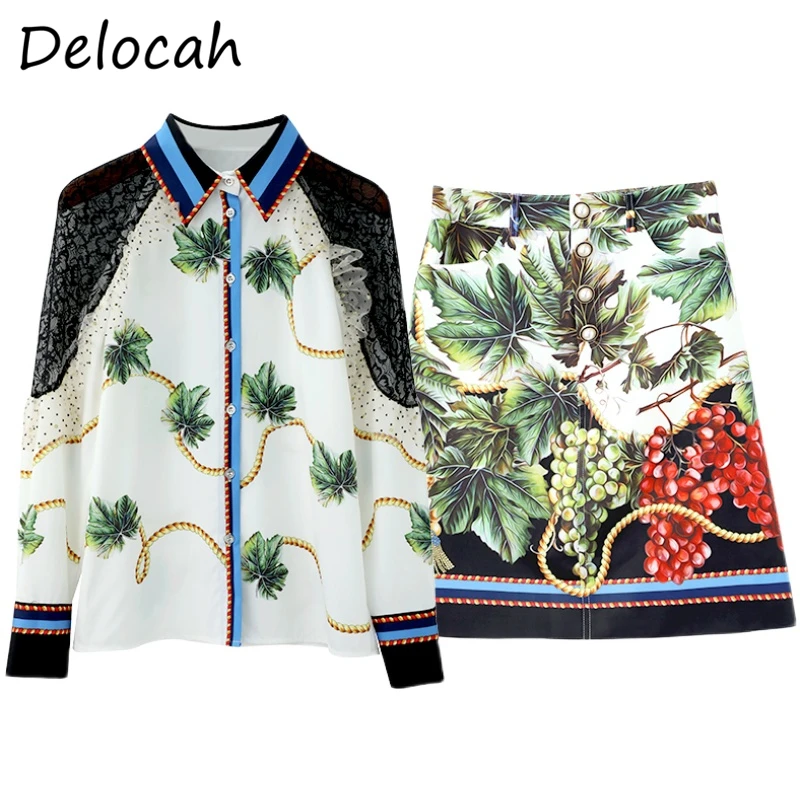 

Delocah Women Summer Fashion DesignerSkirt Set Lantern Sleeve Loose Blouses+High Waist Printed A-Line Skirts 2 TwoPiecesSuits