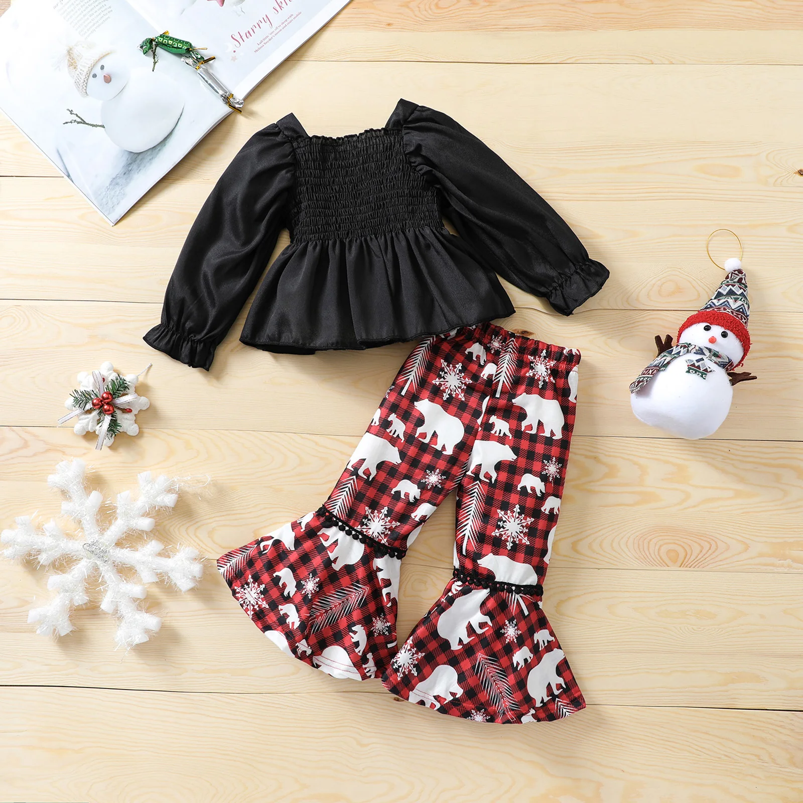 

Рождественская Одежда для маленьких девочек из 2 предметов, топ с длинными рукавами-фонариками и рюшами + клетчатые расклешенные брюки