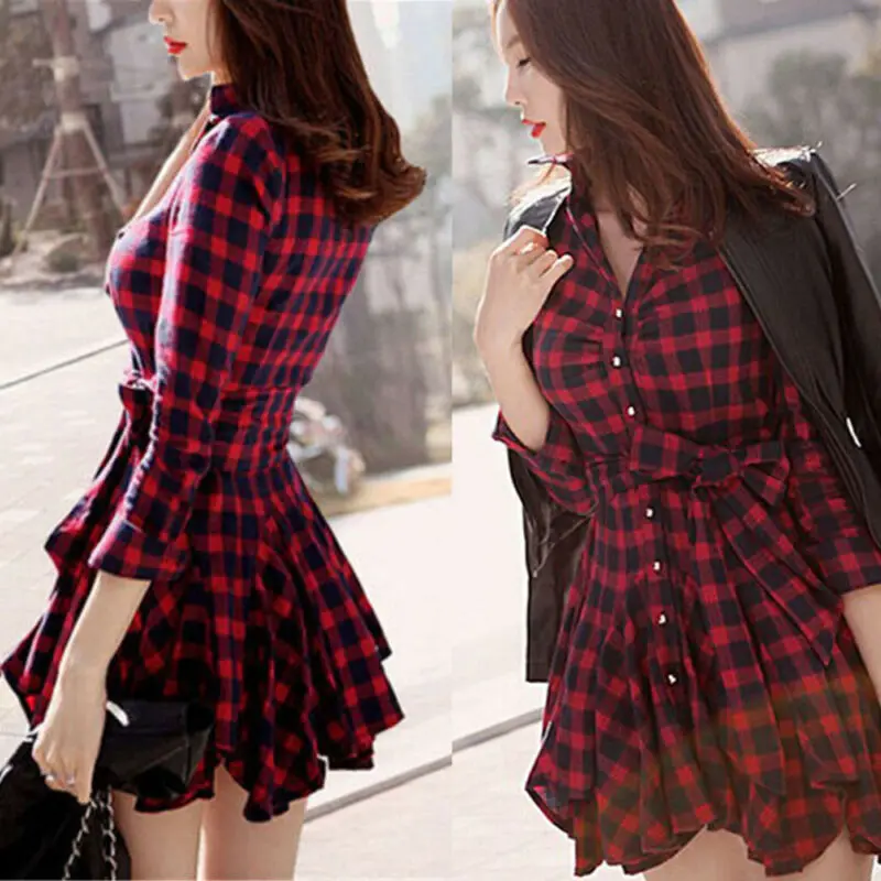 Женское классическое платье с отложным воротником красное клетчатое