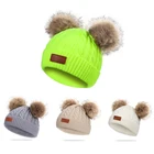 Зимняя детская шапка 2021, хлопковые шапки для новорожденных, плюшевый плотный детский шарф, детская теплая вязаная шапка, однотонная Шапка-бини с пушистыми шариками и помпоном