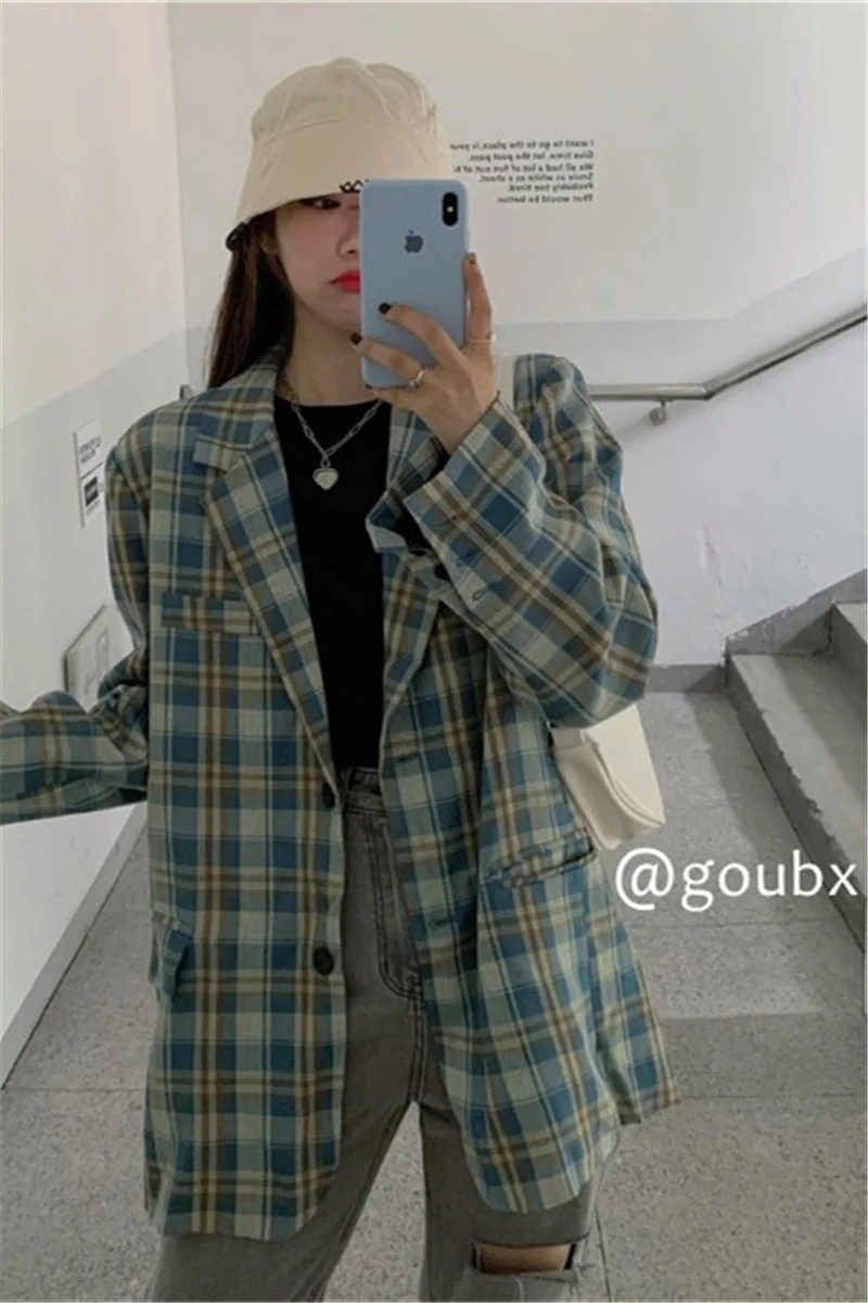 

Retro Plaid Suit Jacket Women's Spring And Autumn New Korean Version Of Loose Casual Lazy Ladies Plaid Suit Jacket Ins Tide 2021