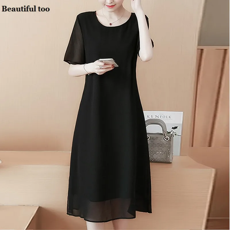 Женское повседневное черное платье большого размера с коротким рукавом лето 2019