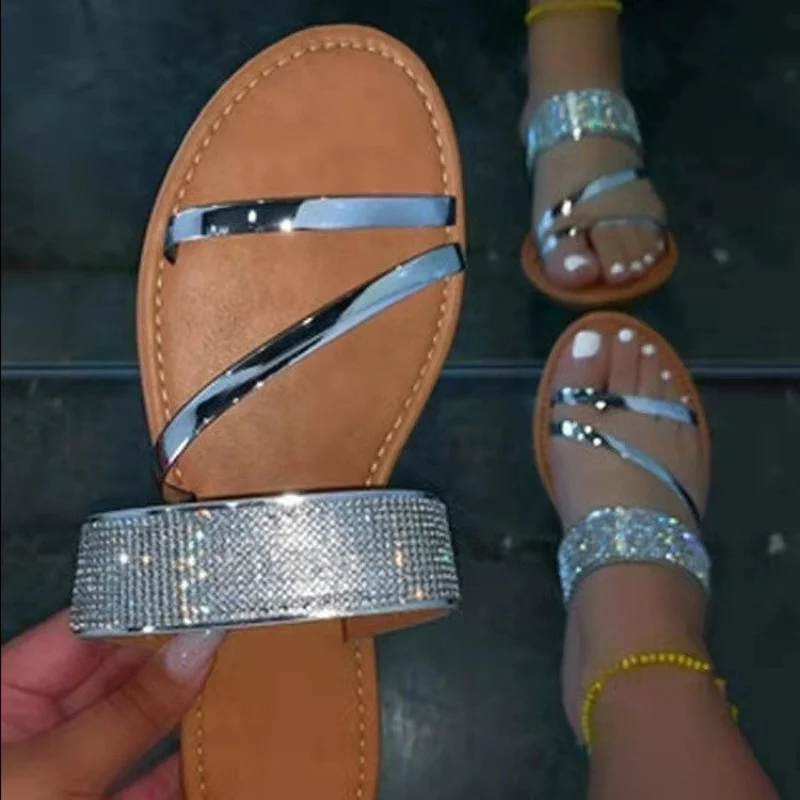 

Plus Size Women Crystal Bling Slippers Women Slip on Flat Shoes Female Outside Flip Flops Casual Beach Slides Ladies Slides