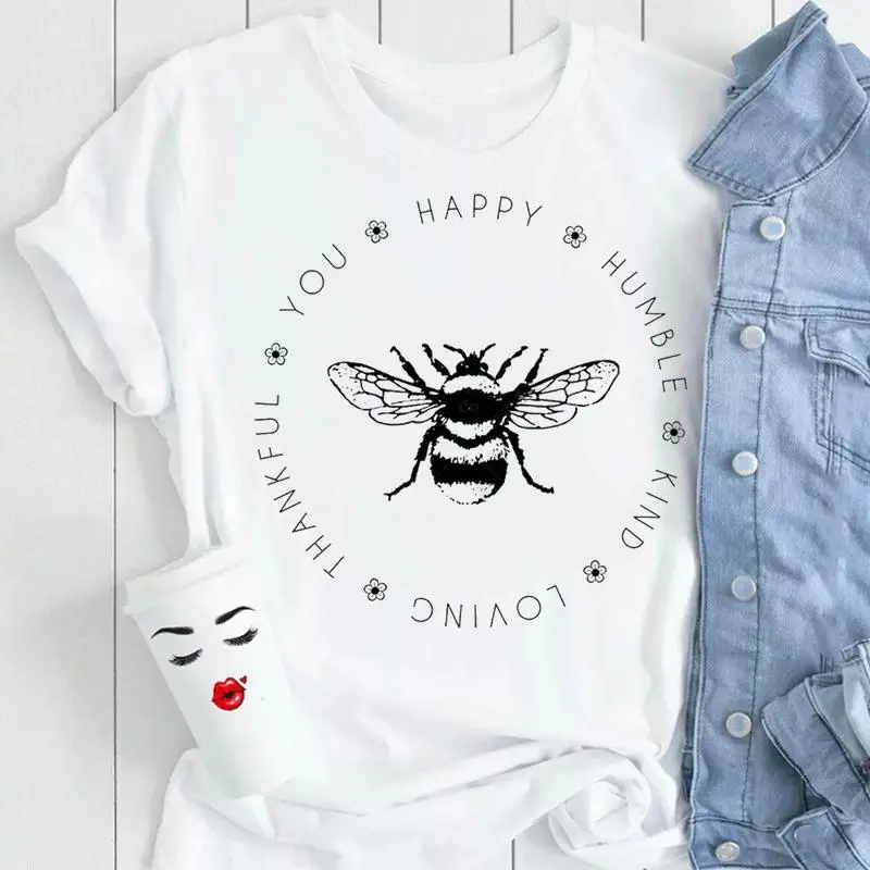 

Женская модная одежда с мультяшным принтом, топы для женщин, Милая футболка с пчелами и буквами, футболка с коротким рукавом и круглым вырез...