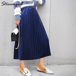 Женская плиссированная юбка макси, винтажная длинная бархатная юбка трапециевидной формы зеленого цвета для осени и зимы