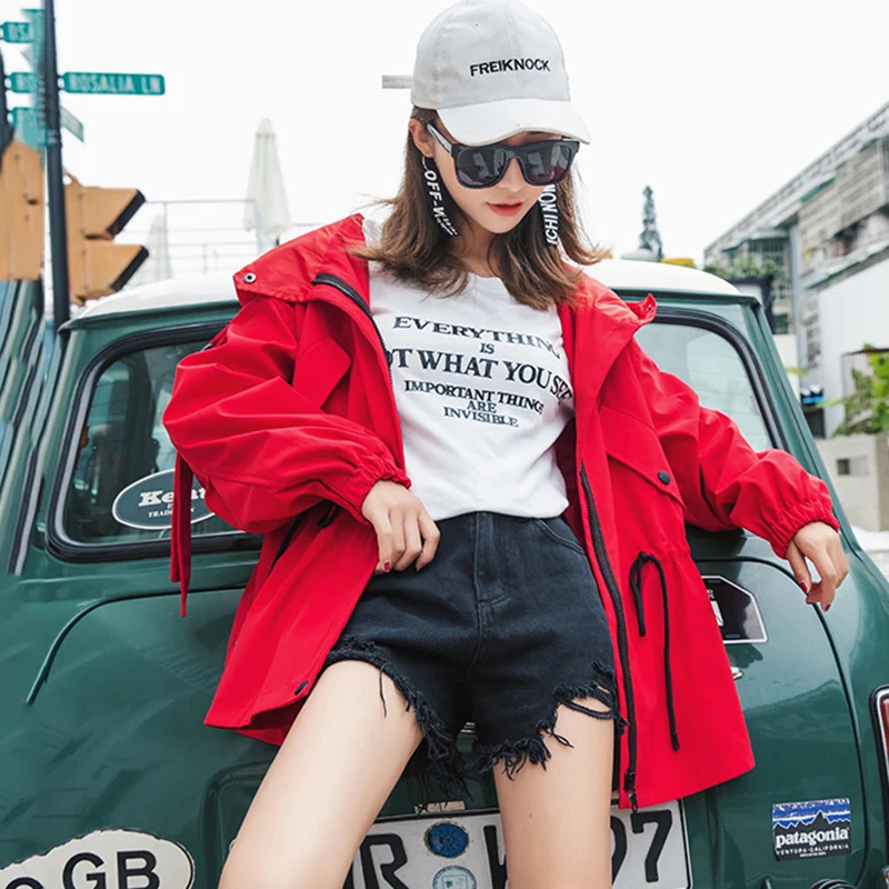 Весна-Осень 2021 модная красная ветровка Женский Длинный свободный комбинезон с