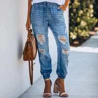 women casual high waist jeans y2k drawstring waist baggy jeans trousers loose pocket vintage ripped hole denim pants