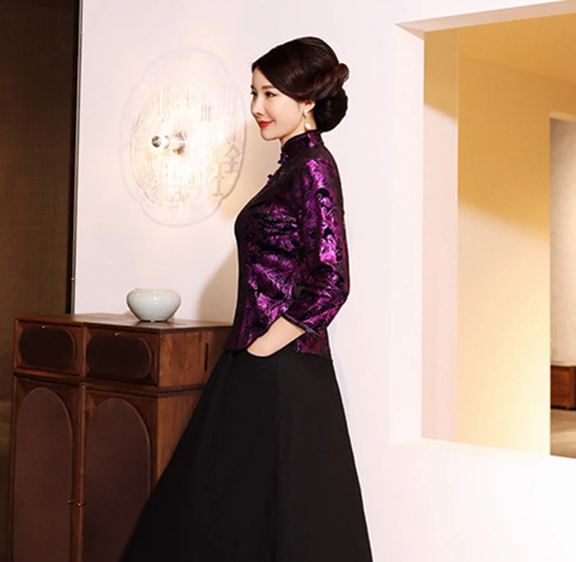 Китайский традиционный стиль осень зима бархат cheongsam женский короткий параграф семь точек рукав принт Тан костюм рубашка