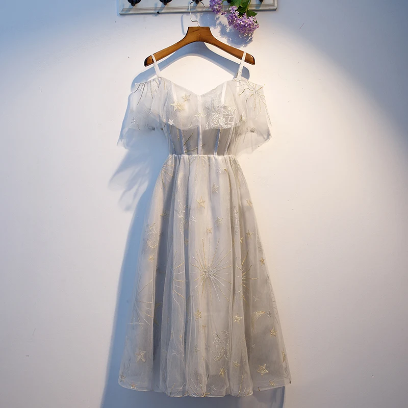 

Silver Gray Bridesmaid Dress Fairy Tulle with Embroidery Tea Length Wedding Party Dresses