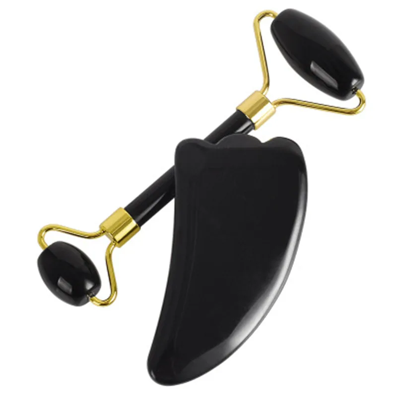 Нефритовый ролик и набор инструментов гуаша натуральный черный обсидиановый