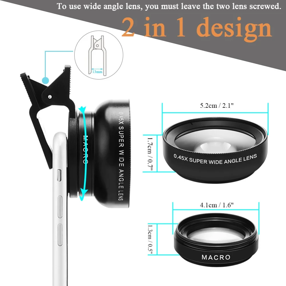 

2in1 Lens 0.45X Wide Angle+12.5X Macro Lens Professional HD Phone Camera Lens For iPhone 8 7 6S Plus Xiaomi Samsung LG