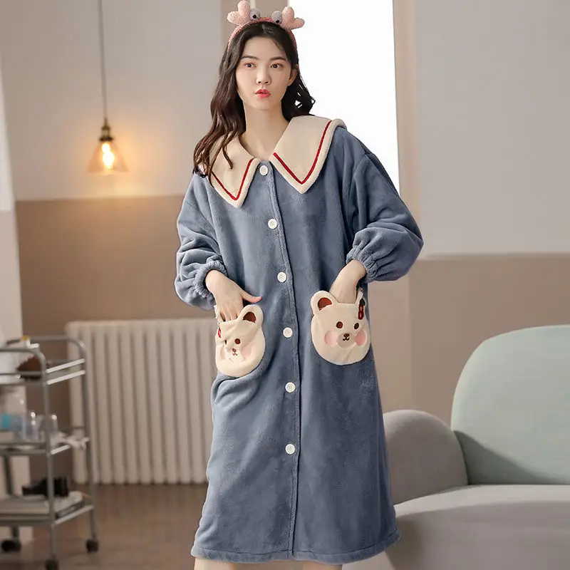 

Winter Robe Pajamas Female Nightgown Thickened Students Cute Long Paragraph Velvet Korean Version Pajamas Sleepwear Women