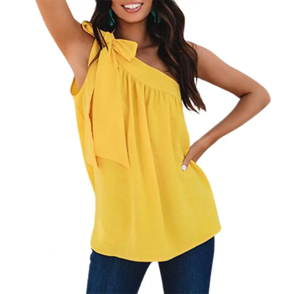 

Summer Women Blouse Shirt Fashion Solid Color Sexy One Shoulder Bandage Sleeveless Loose Blouse Office Lady Top Shirt Blouses