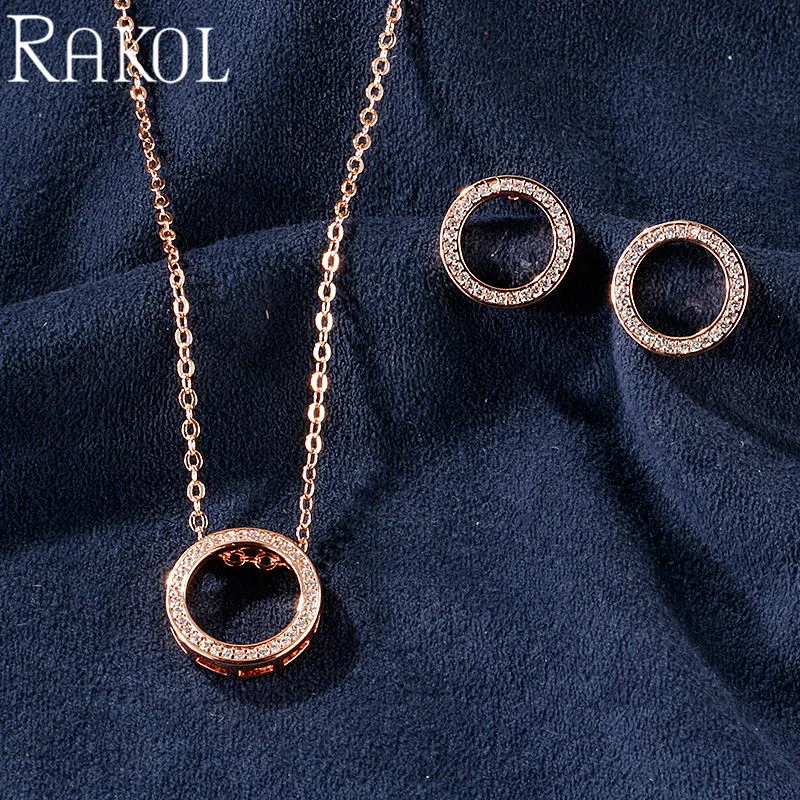 Rose Gold Set RAKOL мода классический кубический цирконий ожерелье Подвески Серьги Комплекты украшений для женщин платье аксессуары юбилей подарок RS2067 - Окраска металла: Rose Gold Set