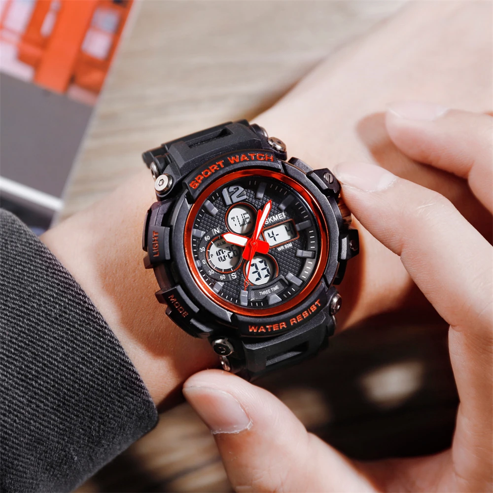 SKMEI Мужские Цифровые часы с двойным дисплеем кварцевые часы Chrono спортивные часы 5 бар водонепроницаемые мужские наручные часы Relogio Masculino 1498
