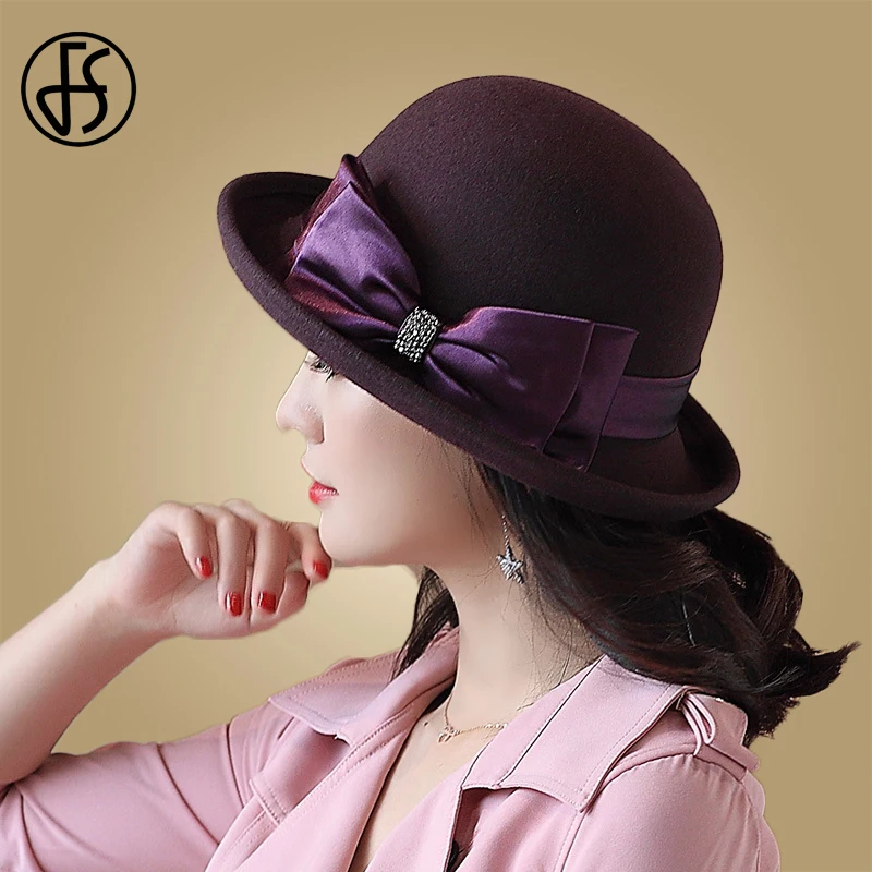 Женская фетровая шляпа FS однотонная теплая шапка из 100% шерсти фиолетового и