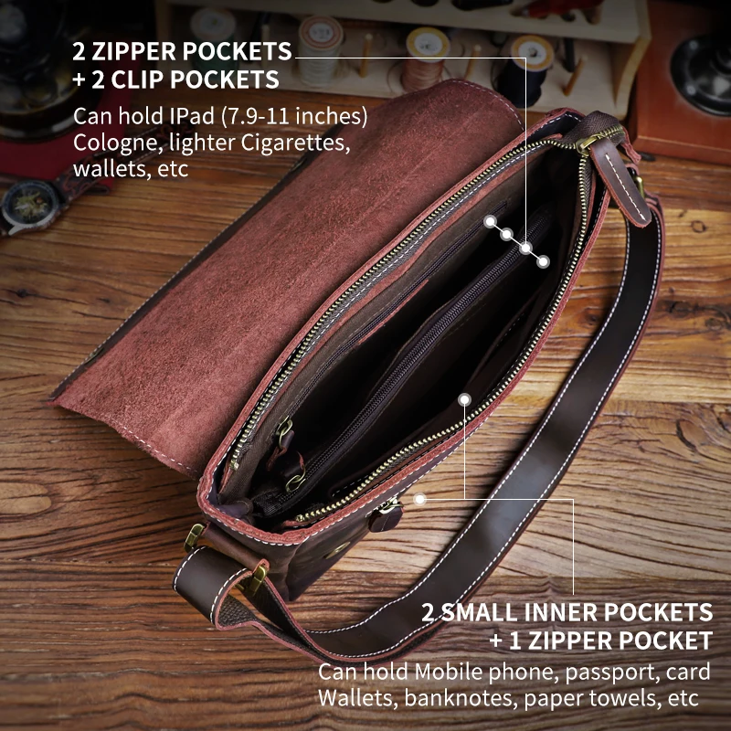 Handmade leather men's bag Vintage men's briefcase Large Capacity Office Shoulder Bag Ipad Men's handbag