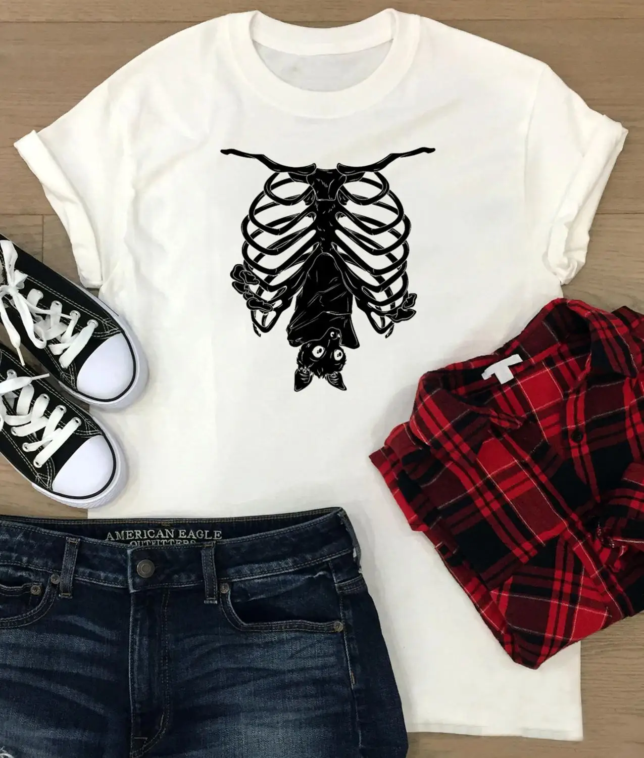 Creepy Bat skull Gothic T-Shirt funny 100% Cotton graphic street style Fashion grunge tumblr unisex women casual tshirt top tee | Женская