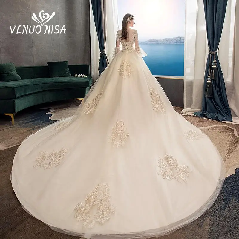 

100% настоящая фотография, свадебное платье De Mariee с кружевной аппликацией, бальное платье с вырезом лодочкой и расклешенными рукавами размер...