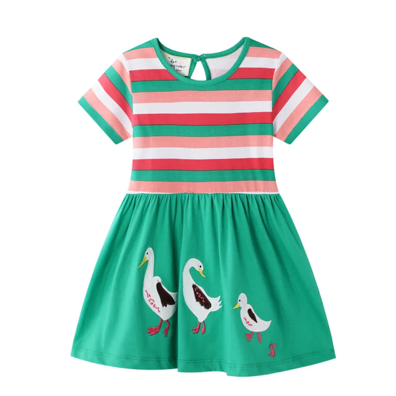 

New Animals Duck Applique Princess Cute Girls Dresses Cotton Baby Girls Clothing Party School Kids Summer Stripe Dress