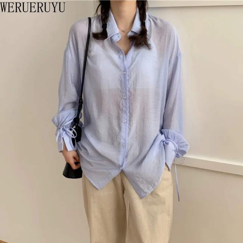 

WERUERUYU Shirts Women Long Sleeve Thin Transparent Lace Up Purple Korean Style Summer Sun Protection Outerwear Chic Loose