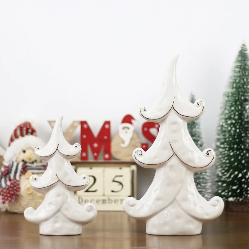 New Arrival Cream White Porcelain Tree Figurines Ceramic Xmas Home Decoration Gold Plating Ornament Christmas Tree Statues
