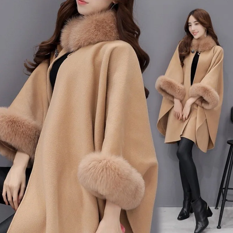 

Pop Women Winter Woolen Overcoat Fur Collar Sleeves Cloak Loose Irregular Hem Coat Pop 88