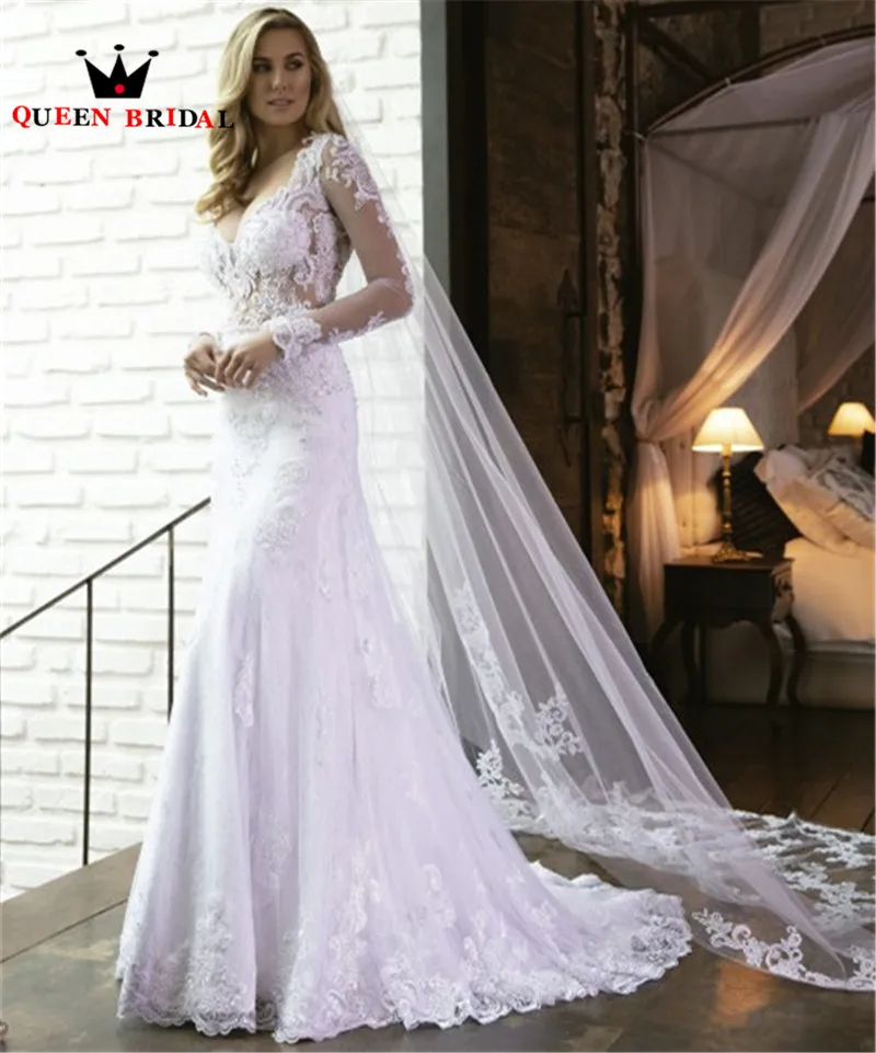 

2021 New Design Wedding Dresses Mermaid Long Sleeve Tulle Lace Pearls Sexy Formal Wedding Gowns Custom Made NO16